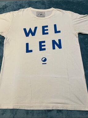 WELLEN  White Tee with Navy Graphic Label , good condition size M